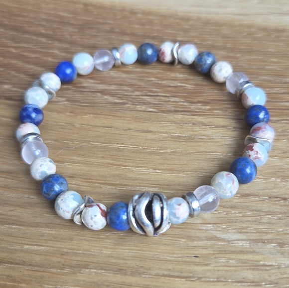 Aqua Terra Jasper & Lapis Lazuli Stretch Beads Bracelet, Hand Crafted - Picture 2 of 8